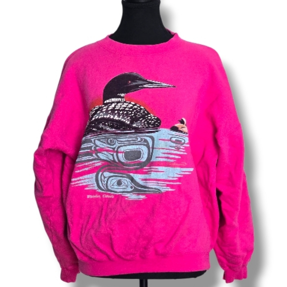 Loon Sweatshirt with Monica Closs Art, Whistler, BC, Canada Pink Graphic, Size M - Picture 2 of 11